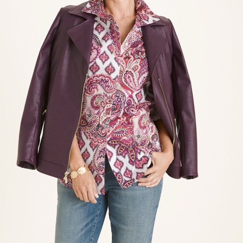 CHICO'S WOMEN'S 1 PETITE | 8P BLOUSE RED PURPLE  MIX PRINT WING COLLAR NO IRON - Picture 12 of 12
